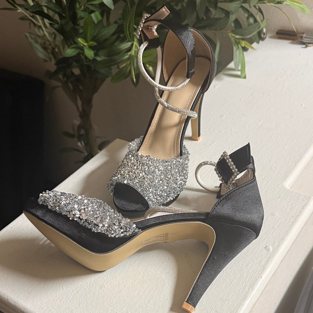 Black Crystal Embellished Open-Toe Heels